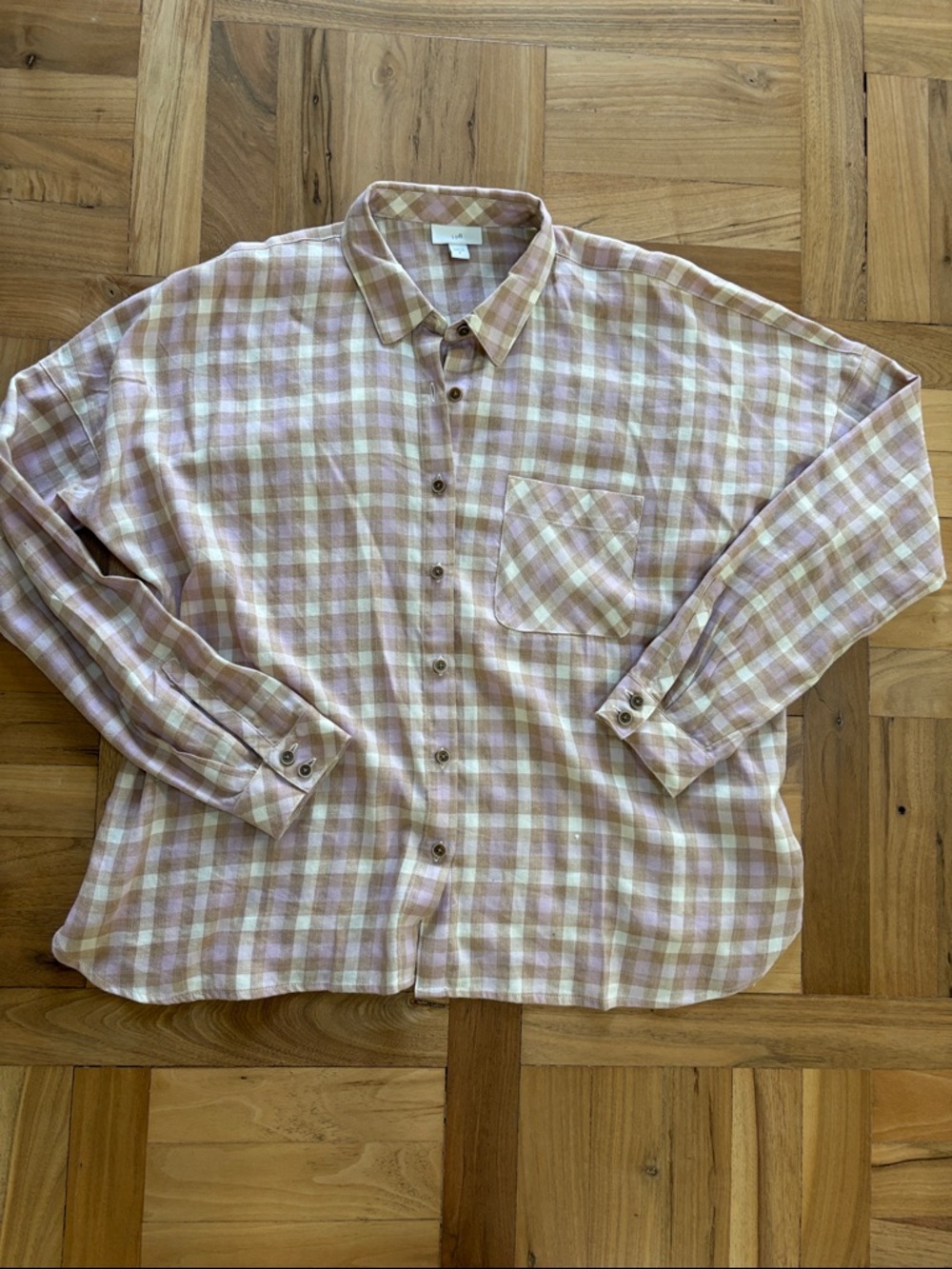 J. Jill women's Plaid Button-Down Shirt in Pink, tan and Cream Sz M